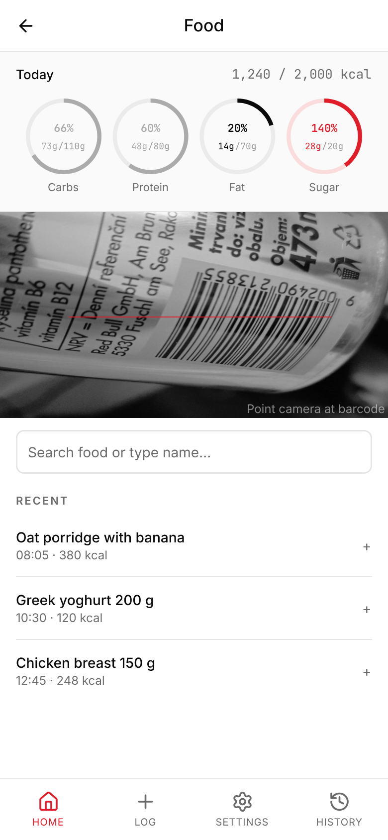 Food screen with nutrition gauges and barcode scanner