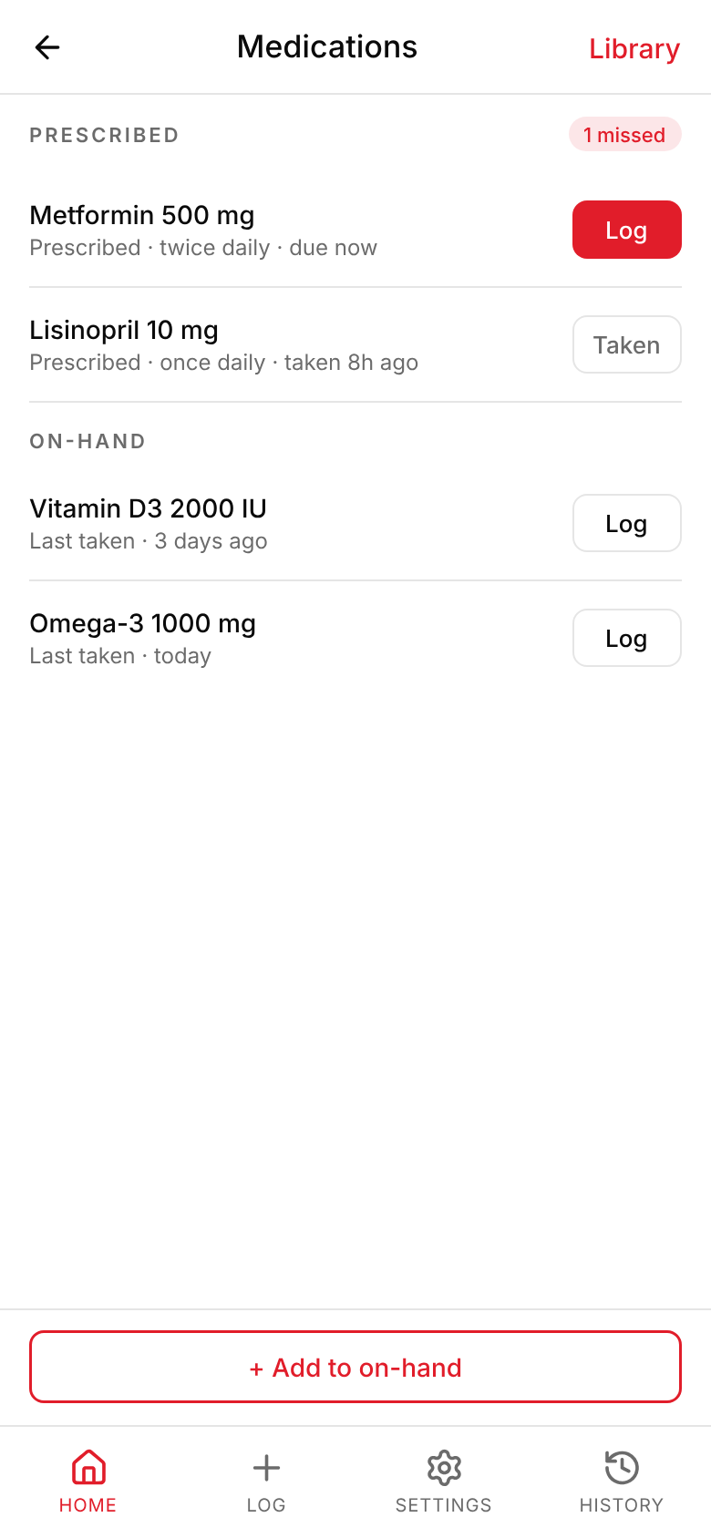Medication v2 screen with prescribed dose list and missed-dose badge